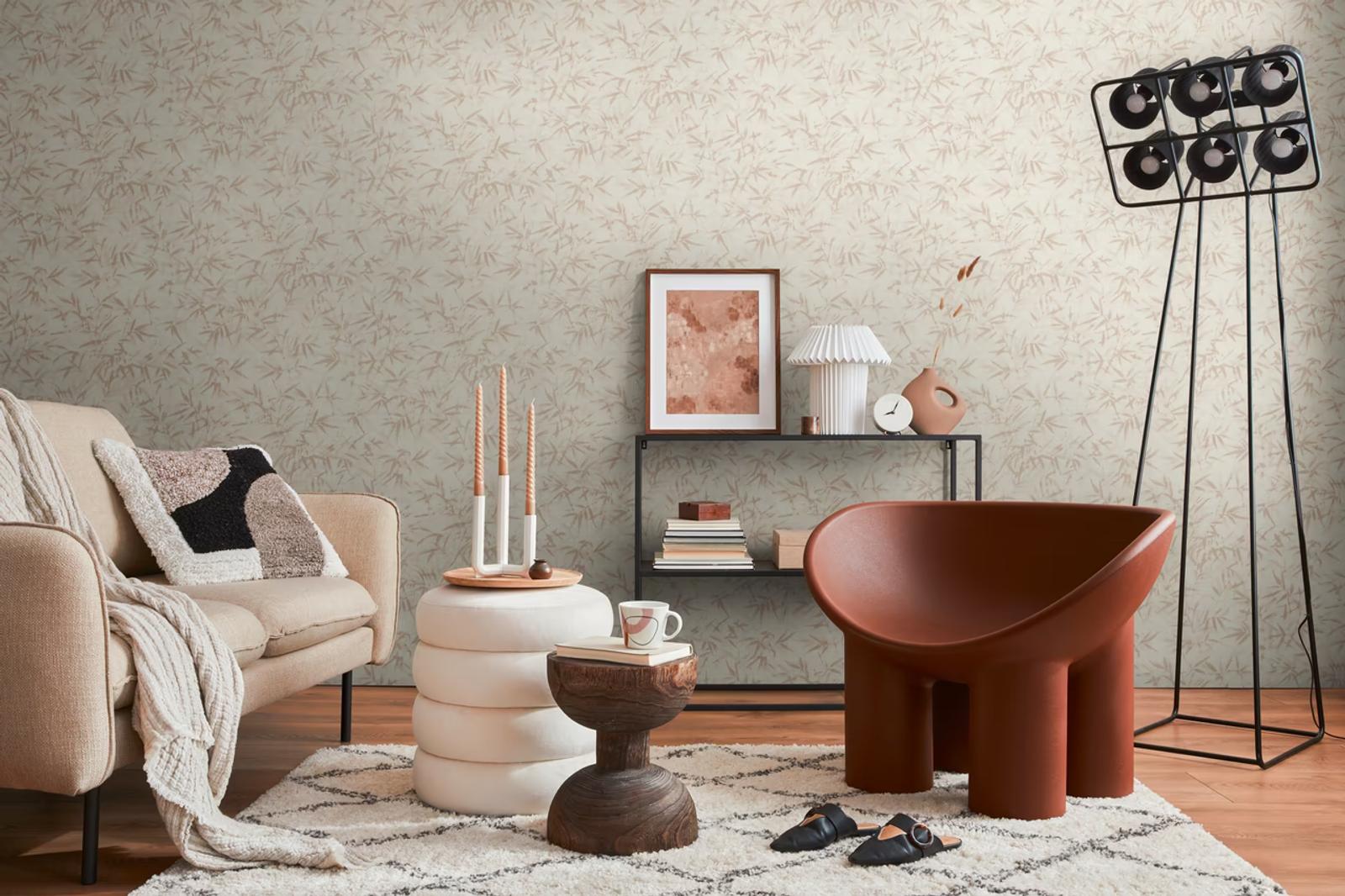 Blush Bamboo wallpaper in a living room with a terracotta moulded chair