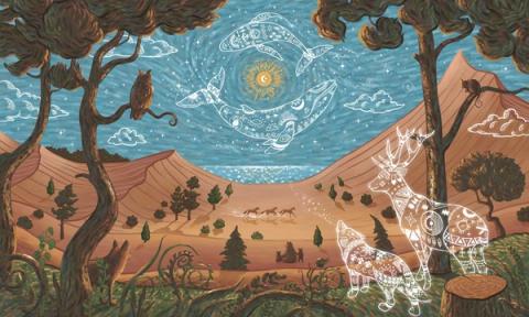 Ornate line-drawn deer and wolf beneath a celestial sun over red canyon country.
