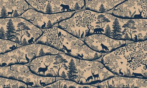 Deer, bears and foxes in fine silhouette along winding branches.