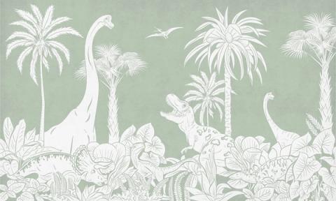 Long-necked dinosaurs wander among tall palms and ferns, drawn as a soft tonal silhouette that fades from a deeper sky into a paler foreground. Printed in a single tone of gentle green. A calm, graphic take on a prehistoric world — grown-up enough to outlast the dinosaur years.