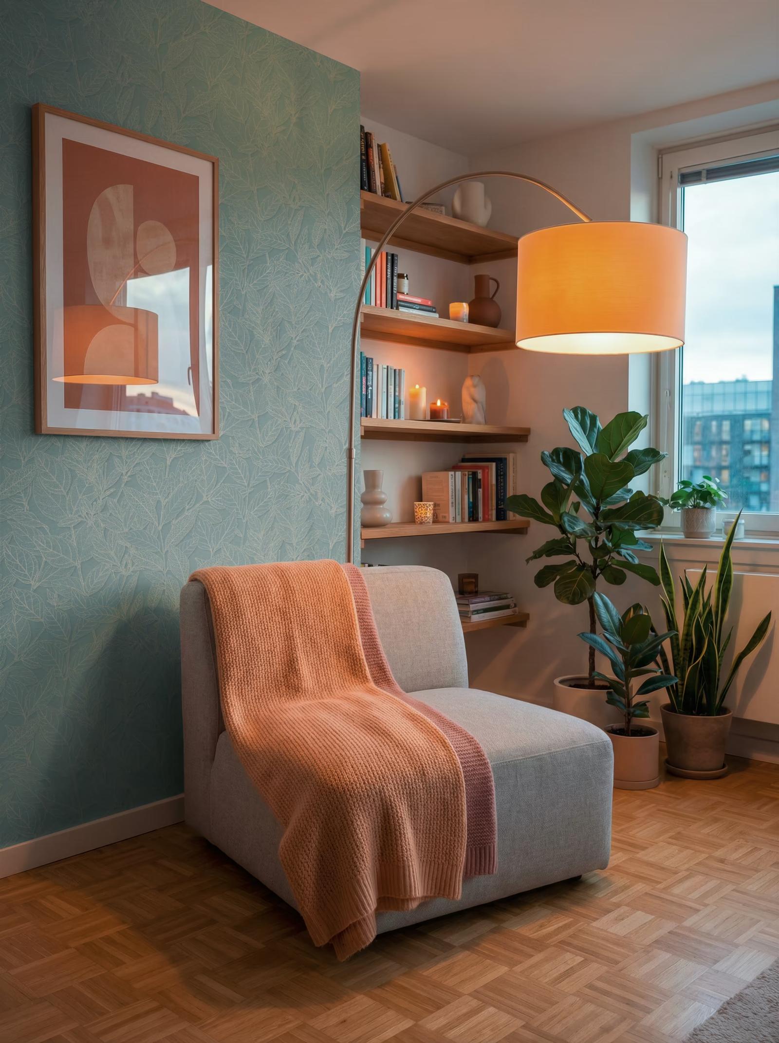 Blue Bloom wallpaper in a reading corner with an arc lamp