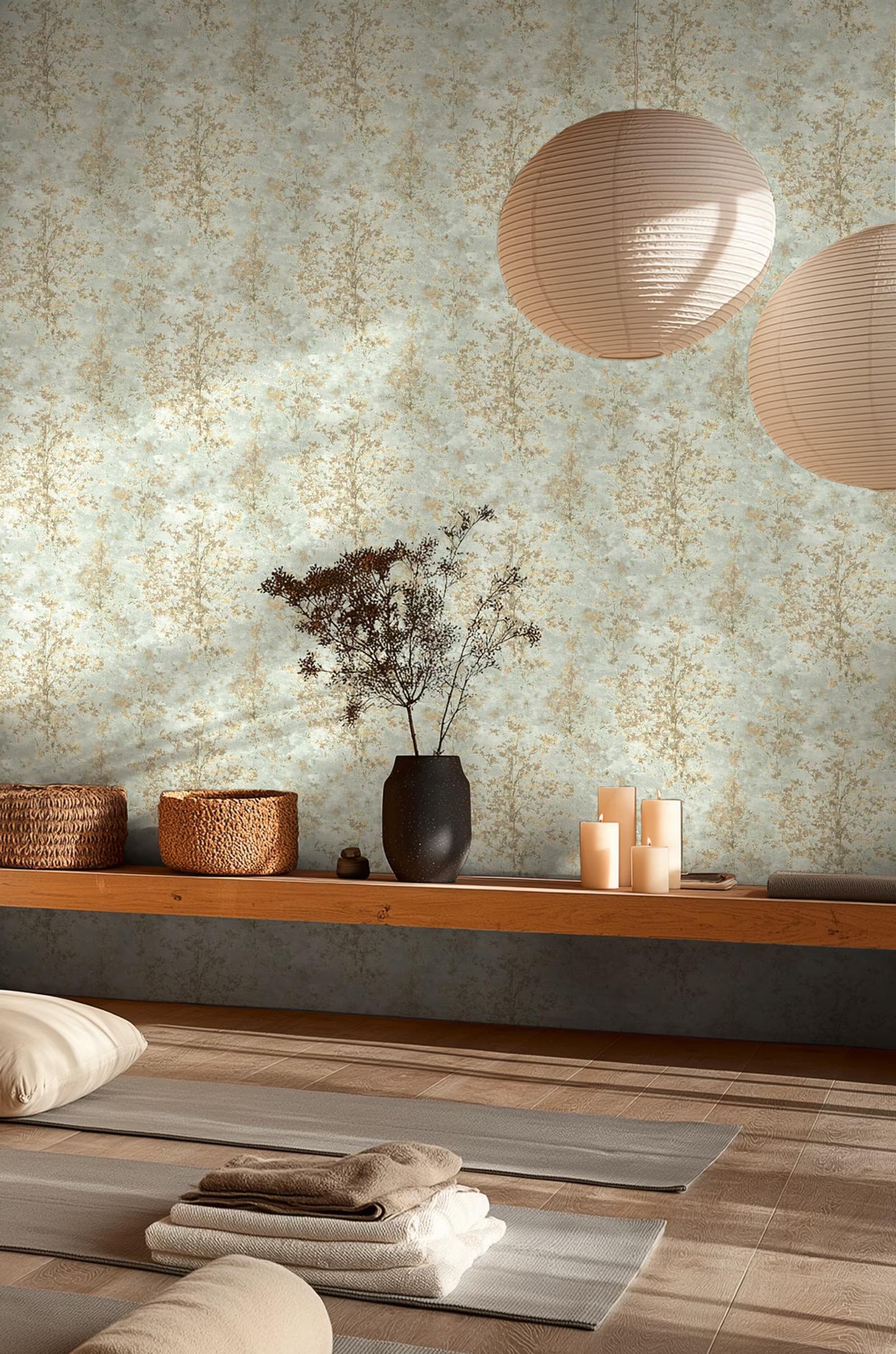 Seaglass Canopy wallpaper above a shelf with paper lanterns