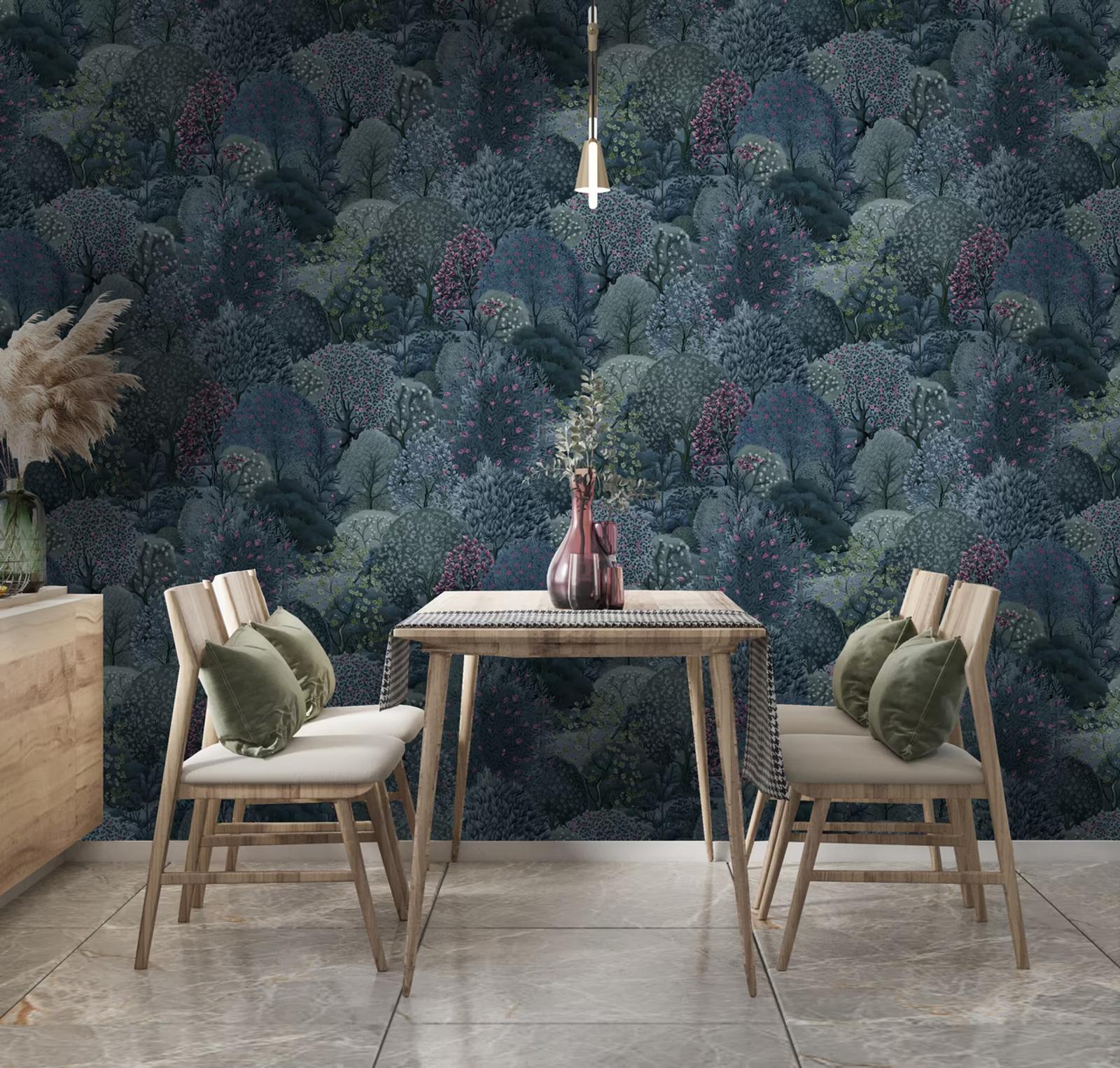Arboretum Navy Berry wallpaper in a dining room with a pendant light
