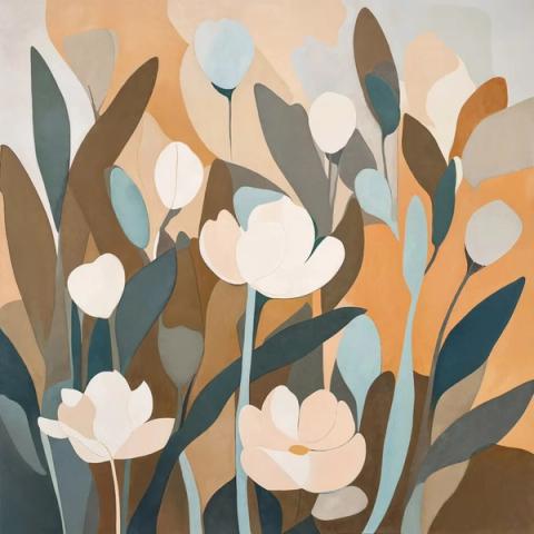 Cream tulips stand tall against slate green and apricot, the tallest and most upright piece in the family. It suits a narrow wall where height is the point.