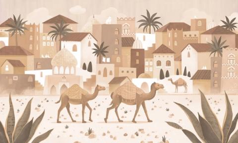 Camels cross the sand before a terracotta desert town of domes and palms.