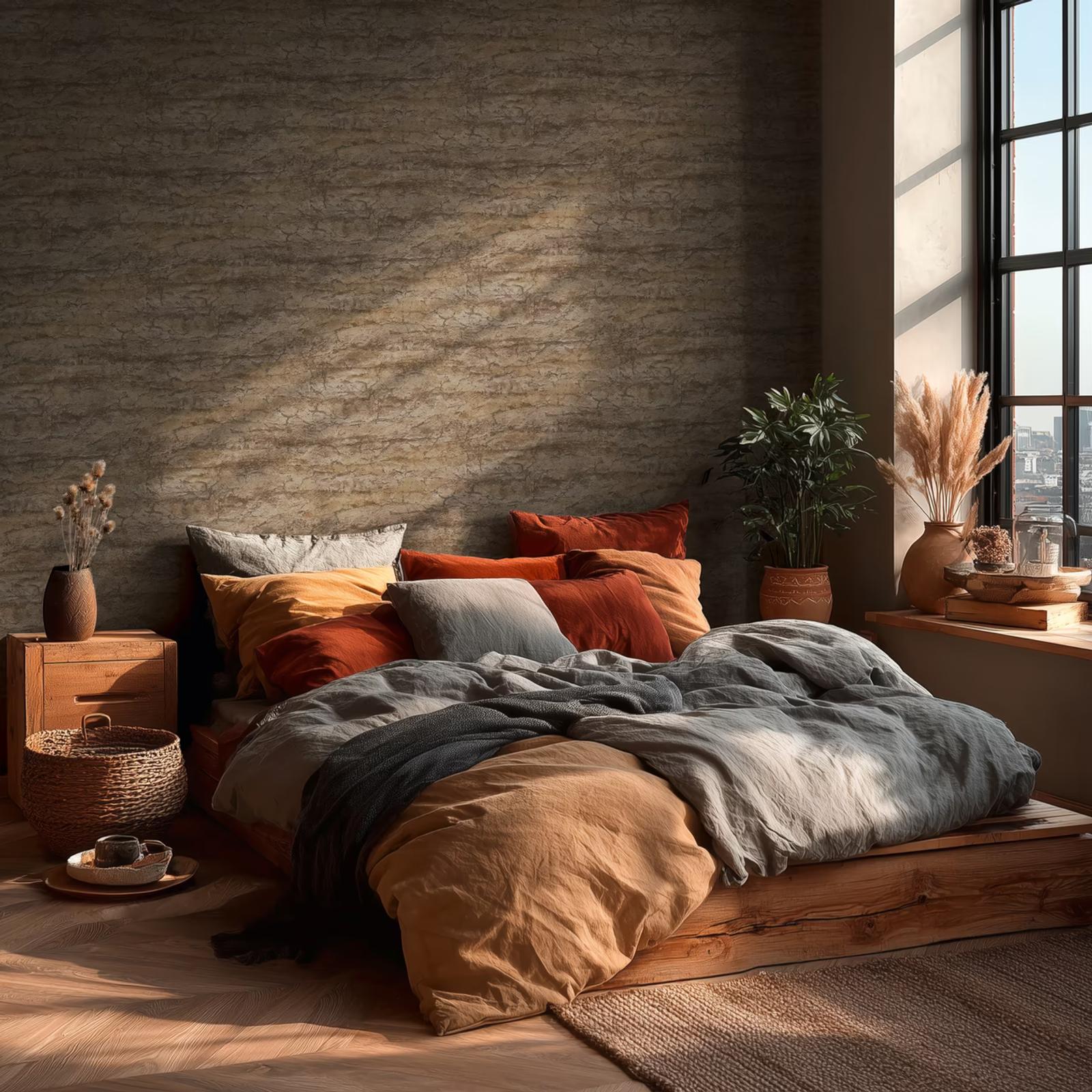 Ochre Quarry wallpaper in a loft bedroom with rust linen bedding