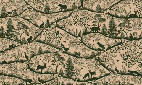 Deer, bears and foxes in fine silhouette along winding branches.
