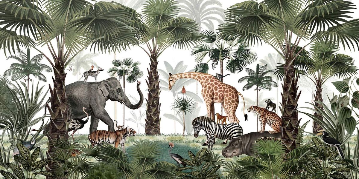 An illustrated jungle scene with an elephant, giraffe, zebra, tiger and hippo among palms and ferns
