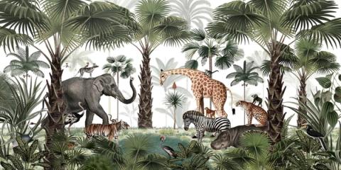 Elephant, giraffe, zebra and big cats gather among palms and ferns in a lush green jungle. A classic safari scene, detailed enough to point things out together.