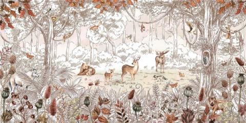 Woodland friends gather among ferns and grasses in warm autumn browns and golds. Cosy and grounded, it suits a room that leans earthy.