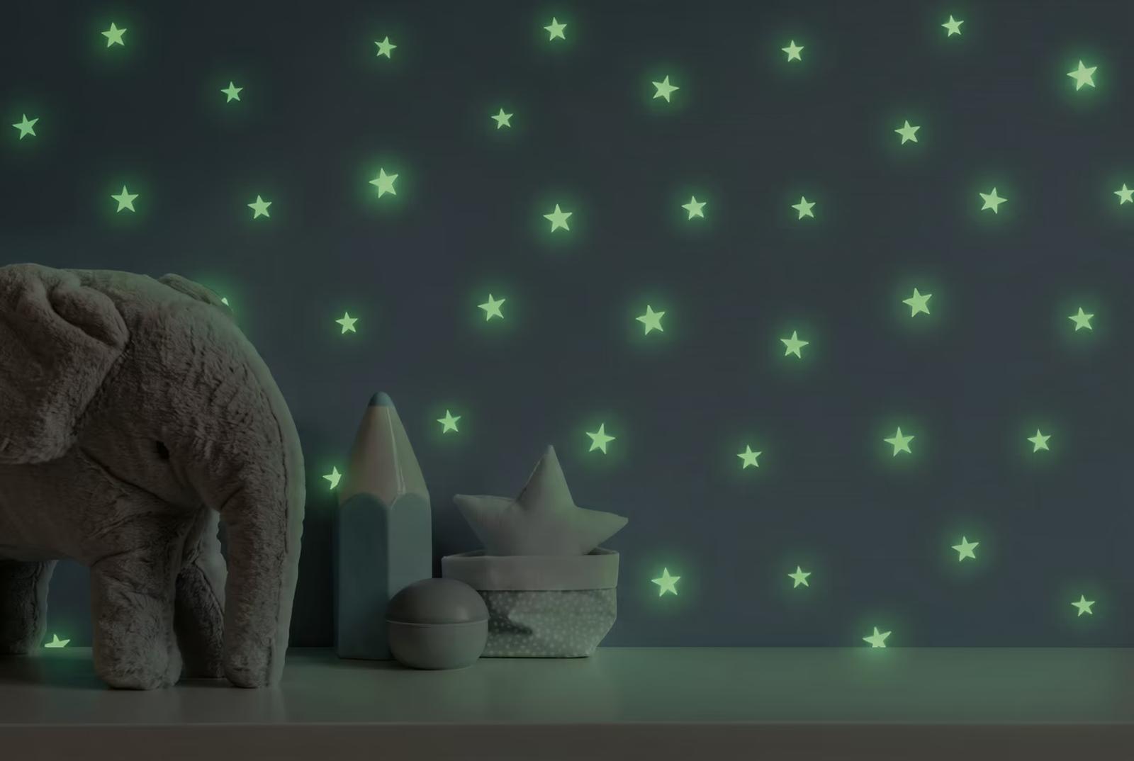 Sky Starfall wallpaper glowing in the dark in a child's bedroom