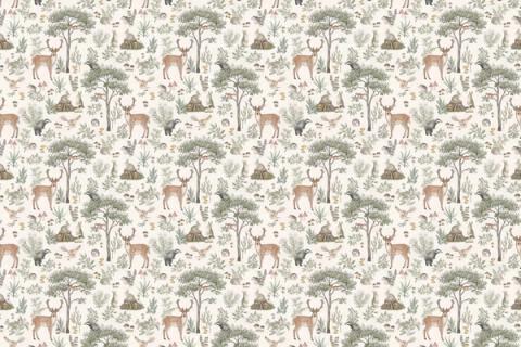 A storybook forest of trees, deer and toadstools drawn close together, here on a clean white ground. As a true repeat it tiles to fit any wall, whether as an all-over nursery paper or a single feature panel.