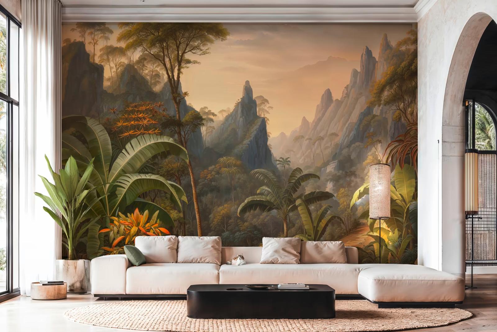 Jungle Valley wall panel behind a low sofa, rainforest scene running the full wall