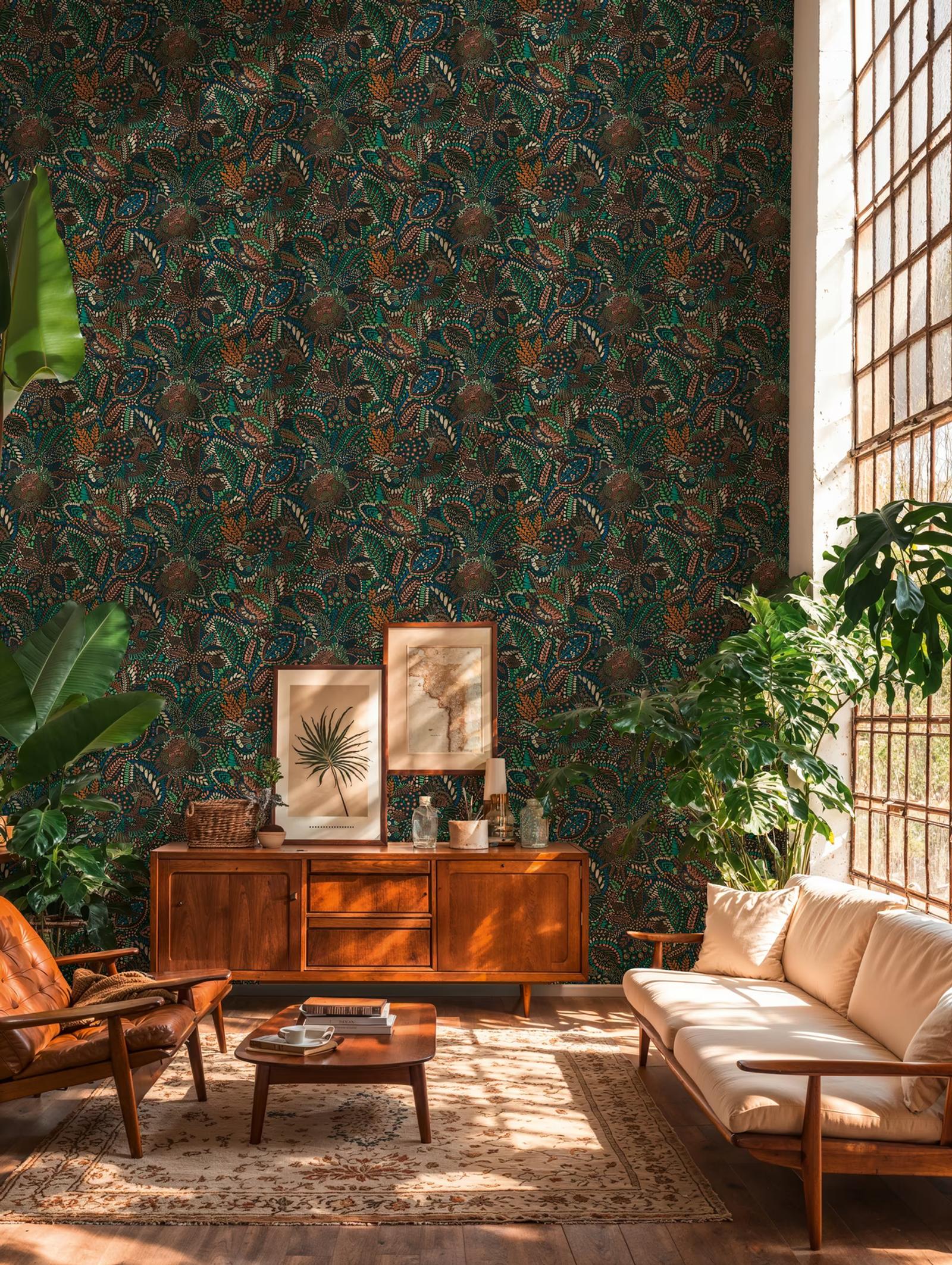 Midnight Mosaic wallpaper in a plant-filled room with a mid-century sideboard