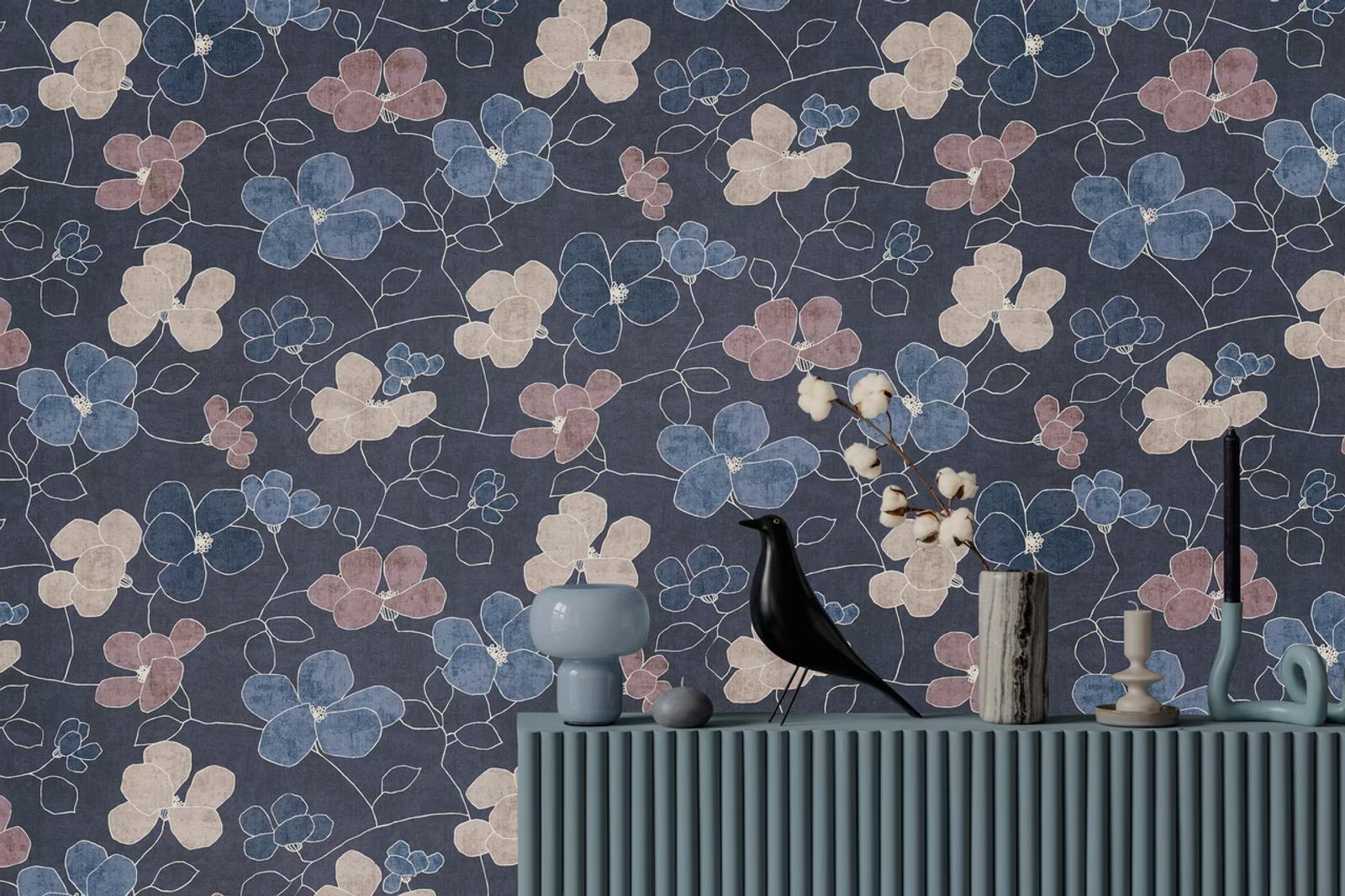Midnight Blossom wallpaper on deep navy above a blue fluted sideboard