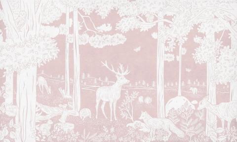 A quiet forest of slender trees with a stag at its heart and small animals in the undergrowth, printed as a single gentle tone. Printed in a single tone of dusky pink. The soft, almost misty finish keeps a whole wall feeling restful rather than busy.
