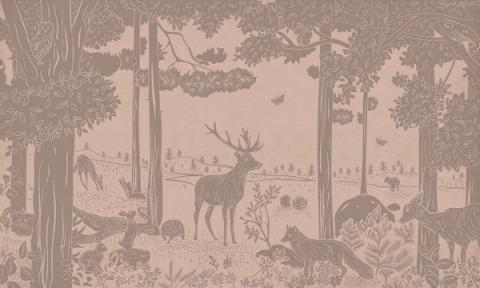 A quiet forest of slender trees with a stag at its heart and small animals in the undergrowth, printed as a single gentle tone. Printed in a muted, vintage pink. The soft, almost misty finish keeps a whole wall feeling restful rather than busy.