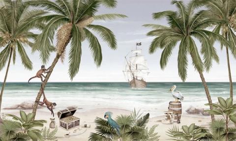 A palm-fringed beach with a pirate ship offshore, a treasure chest and a curious monkey. A gentle adventure scene, warm rather than fierce.