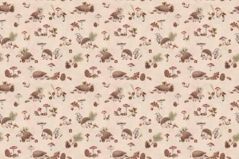 Hedgehogs, mushrooms and leaves dotted through a cosy design, here on a warm beige ground. As a true repeat it tiles to fit any wall, whether as an all-over nursery paper or a single feature panel.