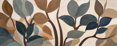 Broad leaves in deep teal and warm brown lean across a cream ground, drawn with a steady, unfussy line. It reads as calm rather than busy, even at full width.