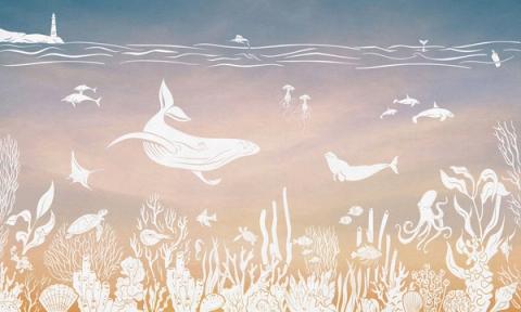 Whales, rays and little fish drift through a tonal underwater scene that lightens from the seabed up to the surface. Printed in dusky pink, with brighter aqua water. Peaceful and dreamy, made for a room you want to feel still.