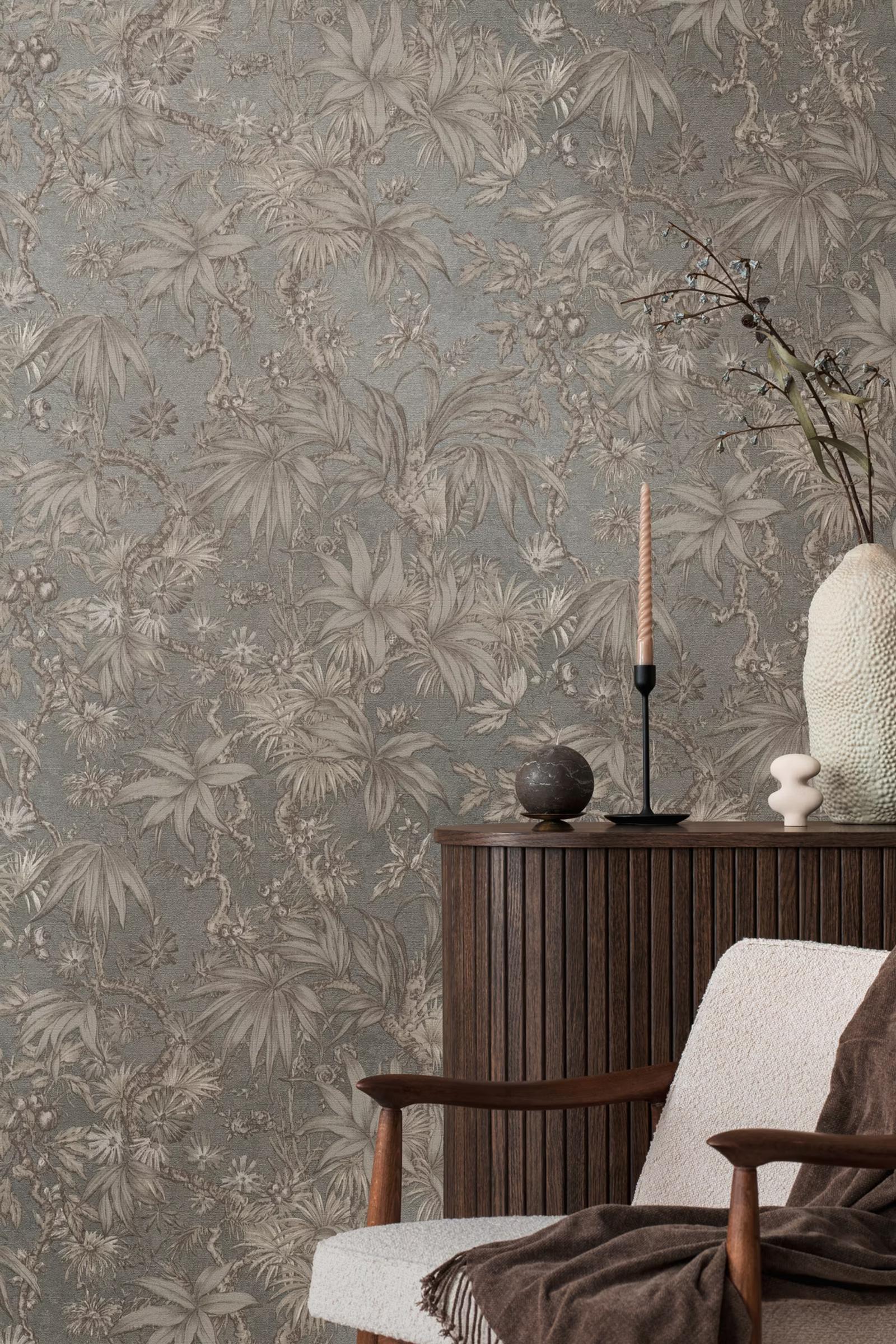Umber Botanica wallpaper above a fluted walnut sideboard