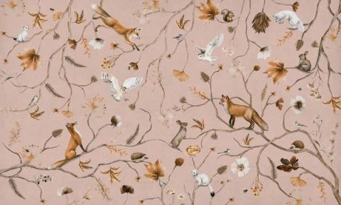 Foxes, owls and little birds scattered among fine branches and wildflowers in a light, hand-drawn all-over design. Shown on a dusky pink ground. Even and delicate across the wall, it dresses a room without crowding it.