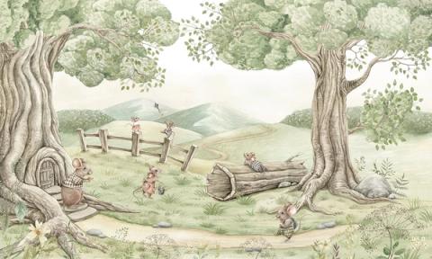 A cosy tree-stump house with a family of mice, beneath a grand old tree in a green meadow. Sweet and small-scaled, full of gentle detail.