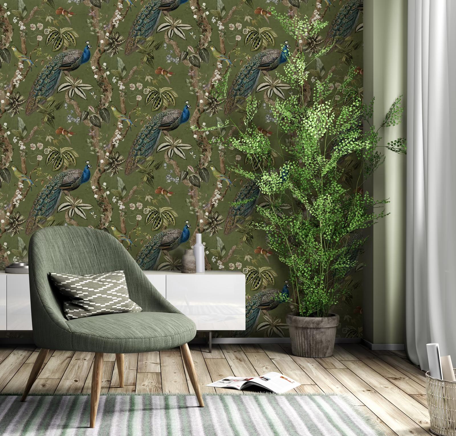Cassia Green peacock wallpaper beside a green lounge chair