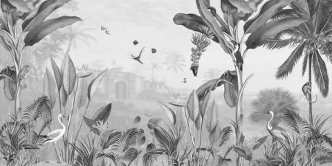 The same tropical garden in greyscale, the leaves and the far pavilion picked out in every shade from charcoal to pale grey. It sits well in a room of plain colours and dark wood.