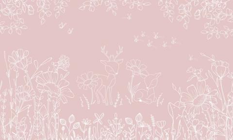 Fine white line drawings of deer, wildflowers and bees across a soft ground.