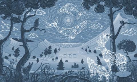 Ornate line-drawn deer and wolf beneath a celestial sun over red canyon country.