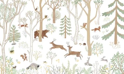 Deer leap between slender birches while squirrels and rabbits play below.