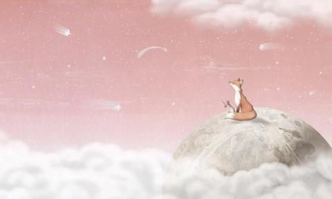 A fox sits on the moon above the clouds, watching the stars fall.