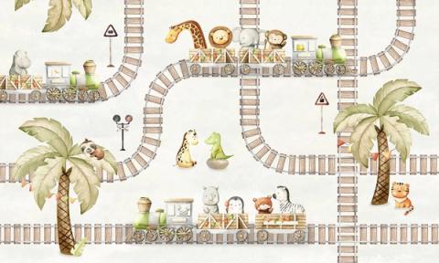 Little trains carry giraffes, lions and zebras along tracks that wind across the wall.