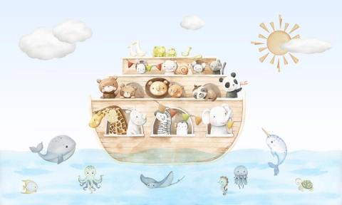 A wooden ark carries pairs of animals while whales and turtles swim below.