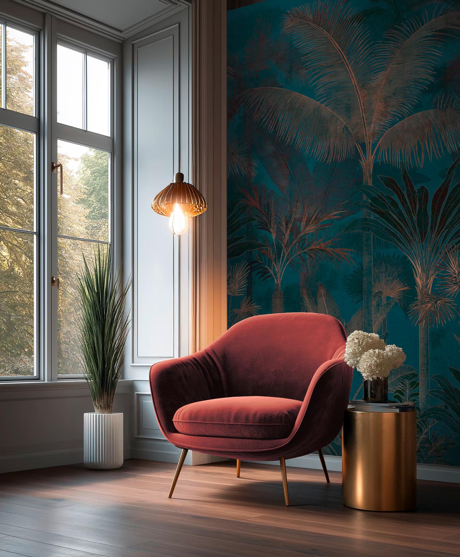Teal Jungle wall panel beside tall windows with a red velvet armchair