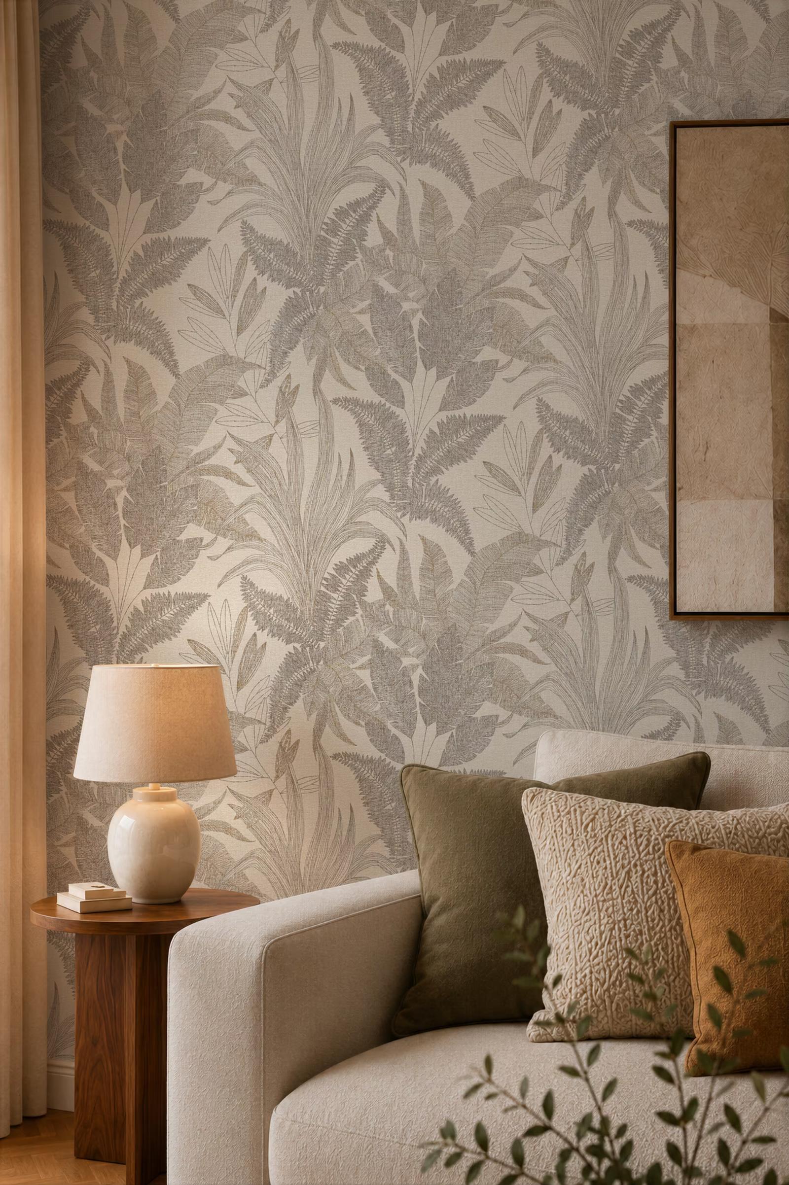 Gilded Fern wallpaper above a sofa with olive and ochre cushions