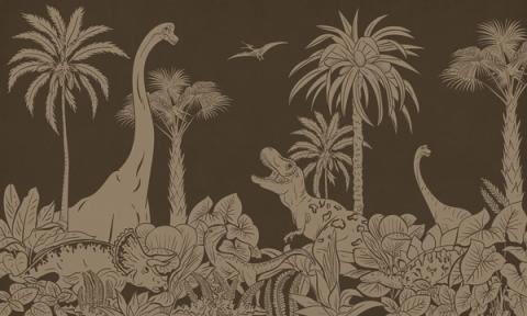 Long-necked dinosaurs wander among tall palms and ferns, drawn as a soft tonal silhouette that fades from a deeper sky into a paler foreground. Printed in a muted, vintage brown. A calm, graphic take on a prehistoric world — grown-up enough to outlast the dinosaur years.