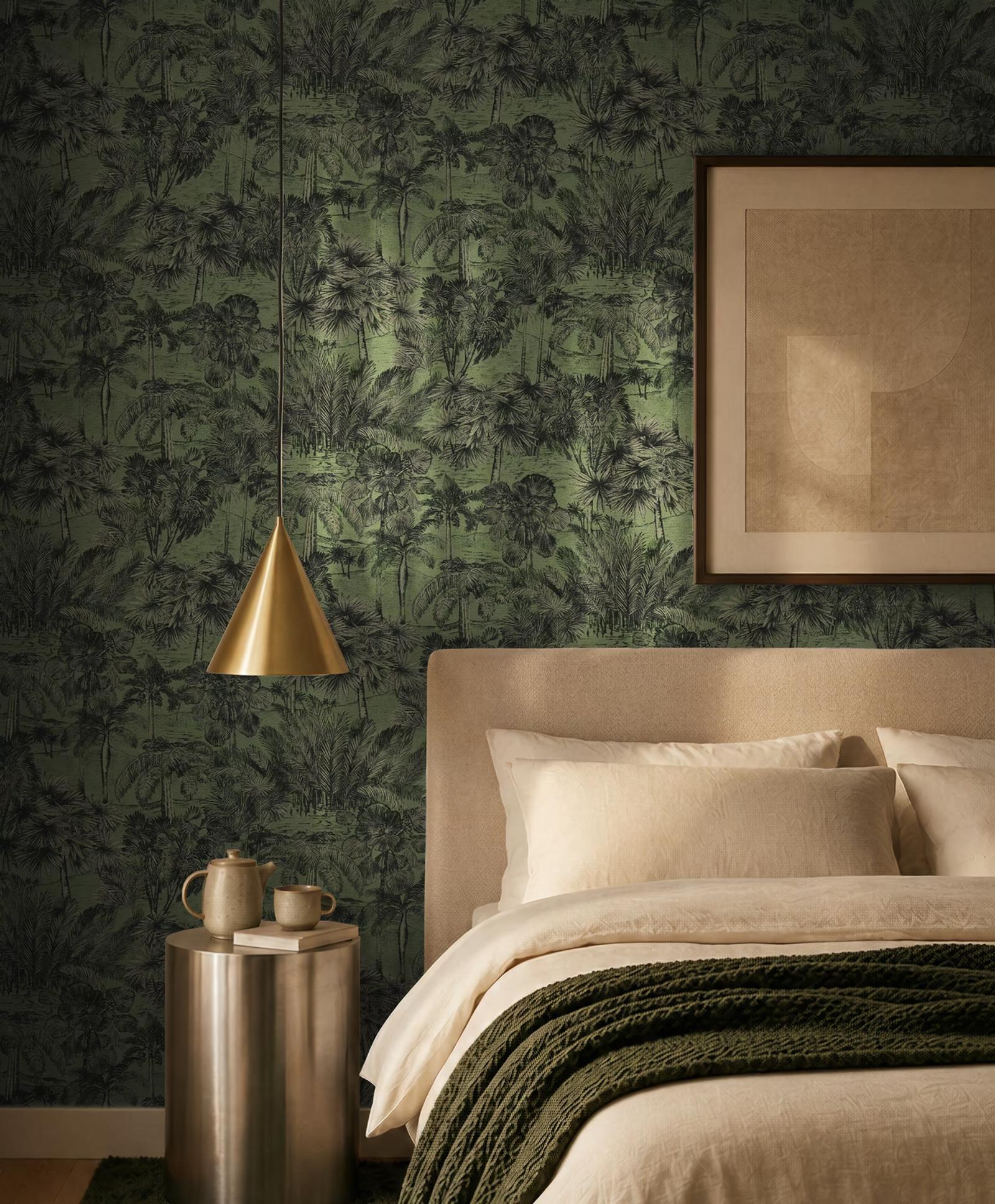 Forest Palm Grove wallpaper in a bedroom with a green knitted throw