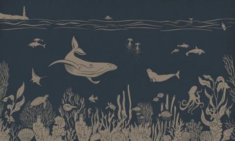 Whales, rays and little fish drift through a tonal underwater scene that lightens from the seabed up to the surface. Printed in a muted, vintage blue. Peaceful and dreamy, made for a room you want to feel still.