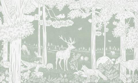 A quiet forest of slender trees with a stag at its heart and small animals in the undergrowth, printed as a single gentle tone. Printed in a single tone of gentle green. The soft, almost misty finish keeps a whole wall feeling restful rather than busy.