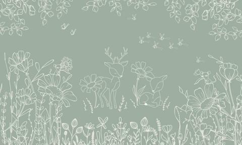 Fine white line drawings of deer, wildflowers and bees across a soft ground.