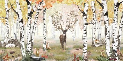 A stag stands among birch trees, its antlers branching into the canopy as golden autumn leaves fall around it. Warm and a little magical, it brings the season indoors.