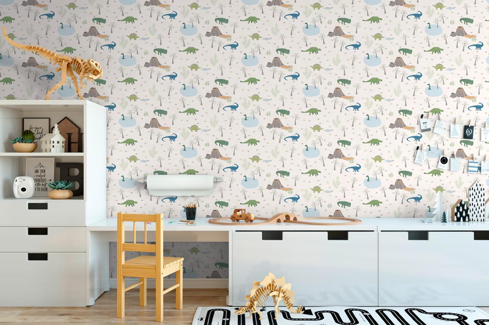 Dinosaur Valley wallpaper above a child's desk and toy shelf