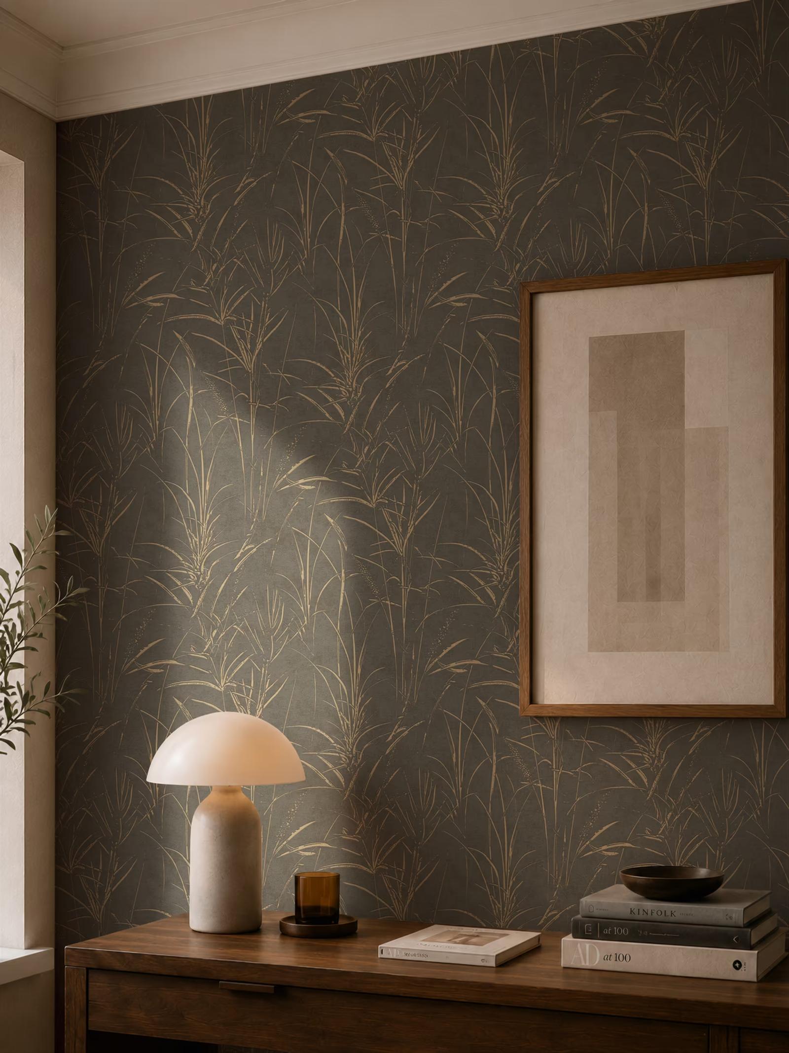 Bronze Reed wallpaper in a dark corner with a framed print and dome lamp