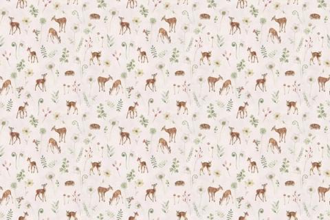 Fawns and deer stepping lightly among leaves and flowers, here on a clean white ground. As a true repeat it tiles to fit any wall, whether as an all-over nursery paper or a single feature panel.