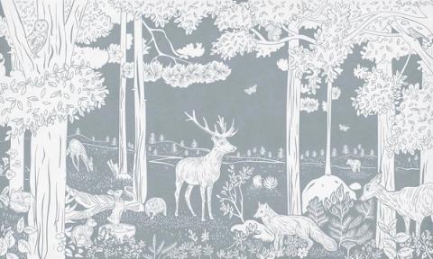 A quiet forest of slender trees with a stag at its heart and small animals in the undergrowth, printed as a single gentle tone. Printed in a single tone of soft blue. The soft, almost misty finish keeps a whole wall feeling restful rather than busy.