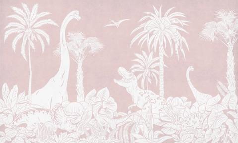 Long-necked dinosaurs wander among tall palms and ferns, drawn as a soft tonal silhouette that fades from a deeper sky into a paler foreground. Printed in a single tone of dusky pink. A calm, graphic take on a prehistoric world — grown-up enough to outlast the dinosaur years.