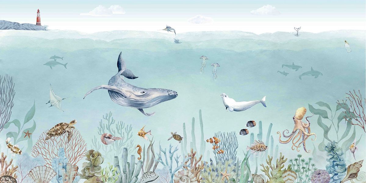 A calm turquoise sea with a whale, a seal and an octopus above a soft reef